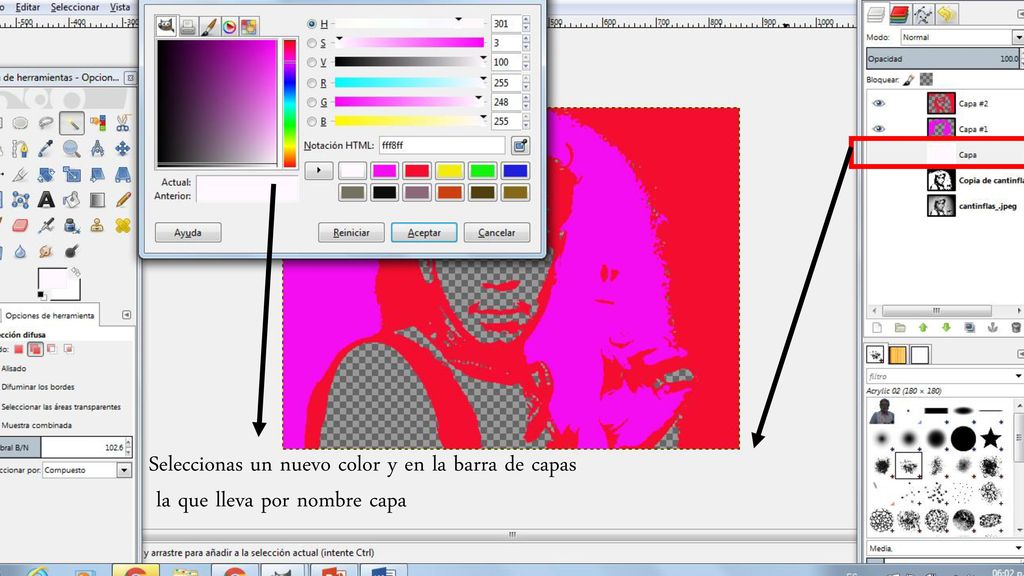 Seleccionas un nuevo color y en la barra de capas