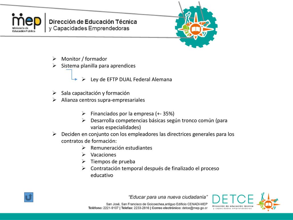 Monitor / formador Sistema planilla para aprendices. Ley de EFTP DUAL Federal Alemana. Sala capacitación y formación.
