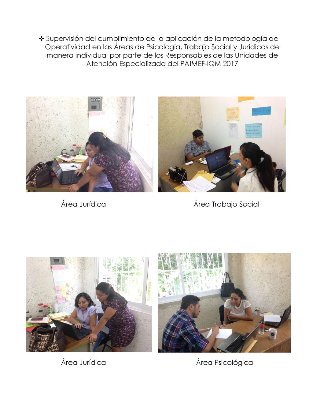 Supervisión del cumplimiento de la aplicación de la metodología de Operatividad en las Áreas de Psicología, Trabajo Social y Jurídicas de manera individual por parte de los Responsables de las Unidades de Atención Especializada del PAIMEF-IQM 2017