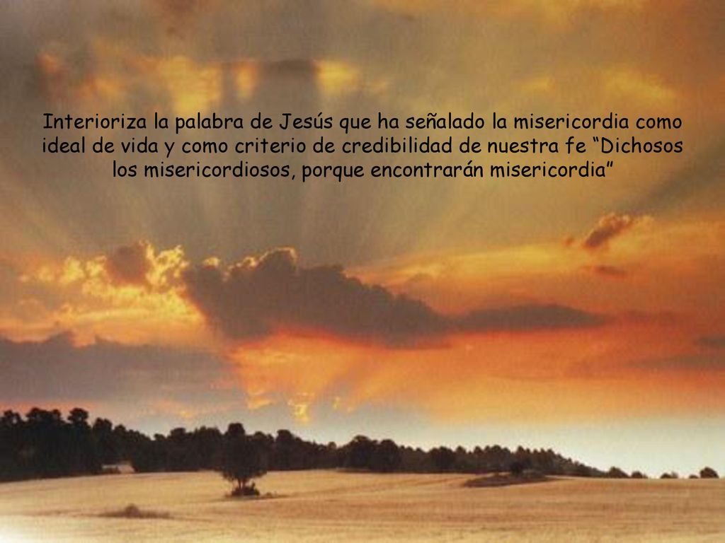 Interioriza la palabra de Jesús que ha señalado la misericordia como ideal de vida y como criterio de credibilidad de nuestra fe Dichosos los misericordiosos, porque encontrarán misericordia