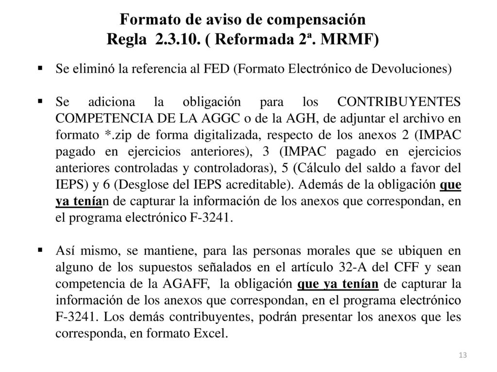 Formato de aviso de compensación Regla ( Reformada 2ª. MRMF)