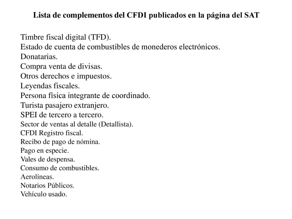 Lista de complementos del CFDI publicados en la página del SAT