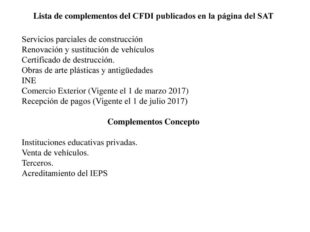 Lista de complementos del CFDI publicados en la página del SAT