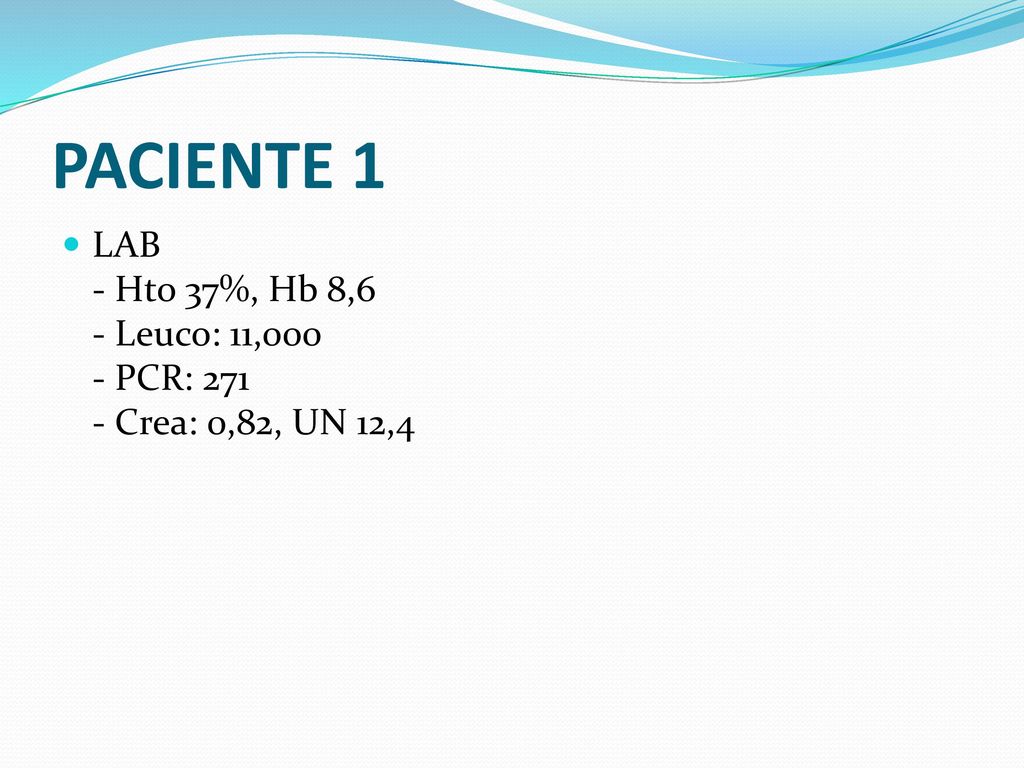 PACIENTE 1 LAB - Hto 37%, Hb 8,6 - Leuco: 11,000 - PCR: Crea: 0,82, UN 12,4