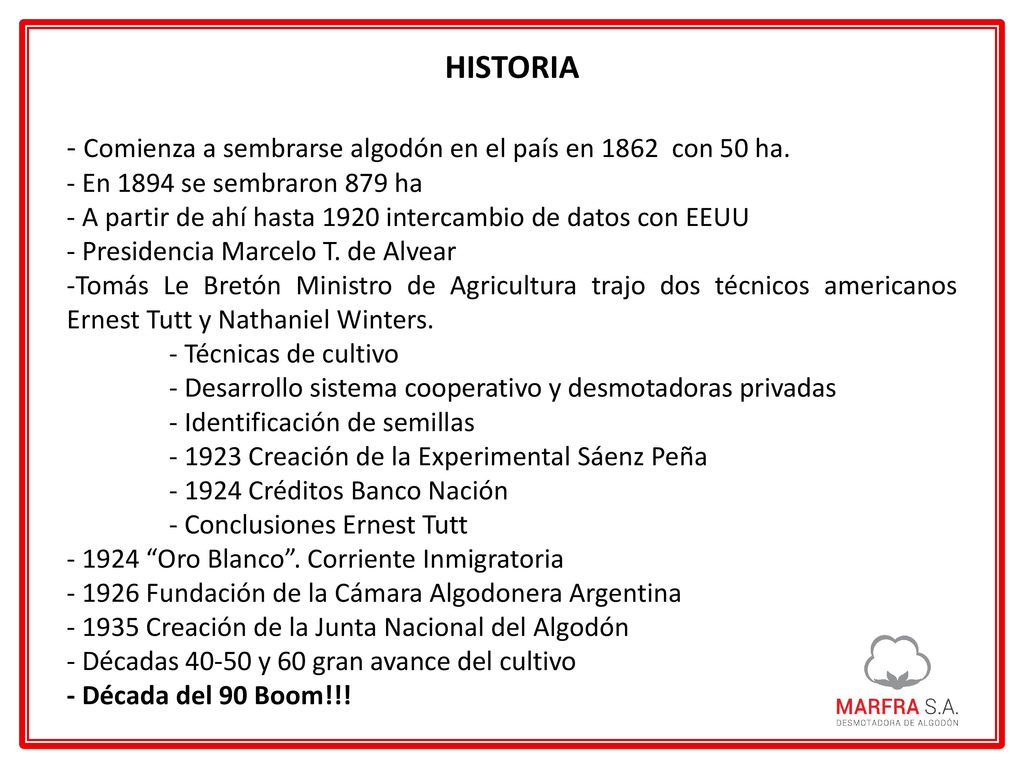 HISTORIA - Comienza a sembrarse algodón en el país en 1862 con 50 ha.