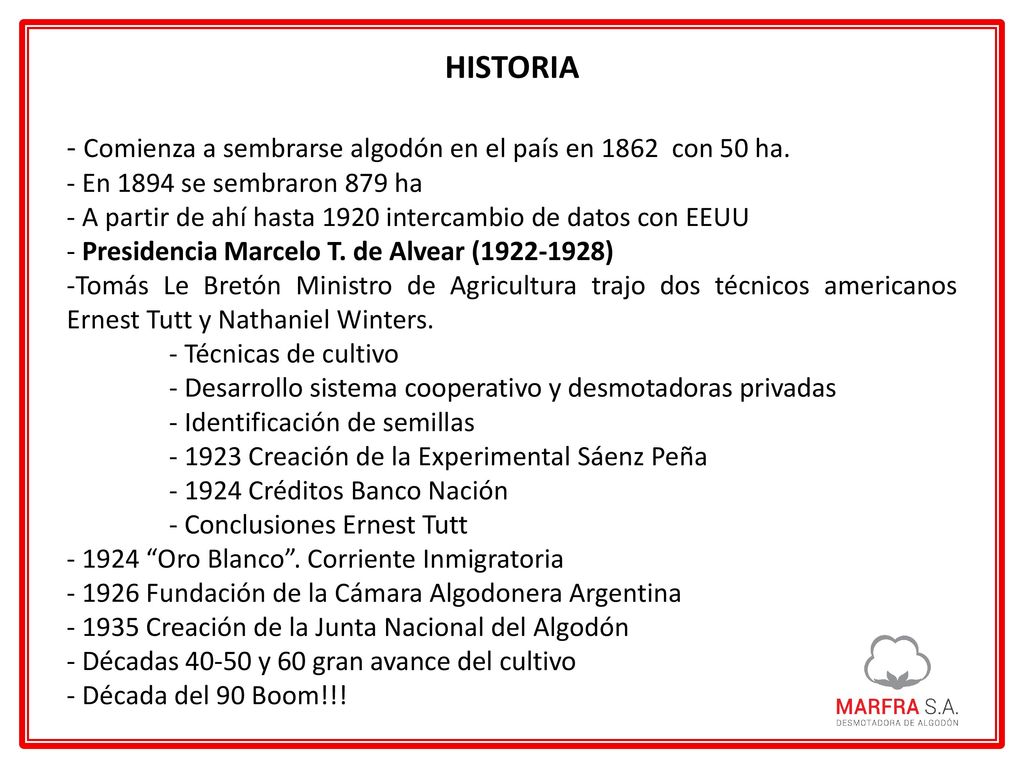 HISTORIA - Comienza a sembrarse algodón en el país en 1862 con 50 ha.
