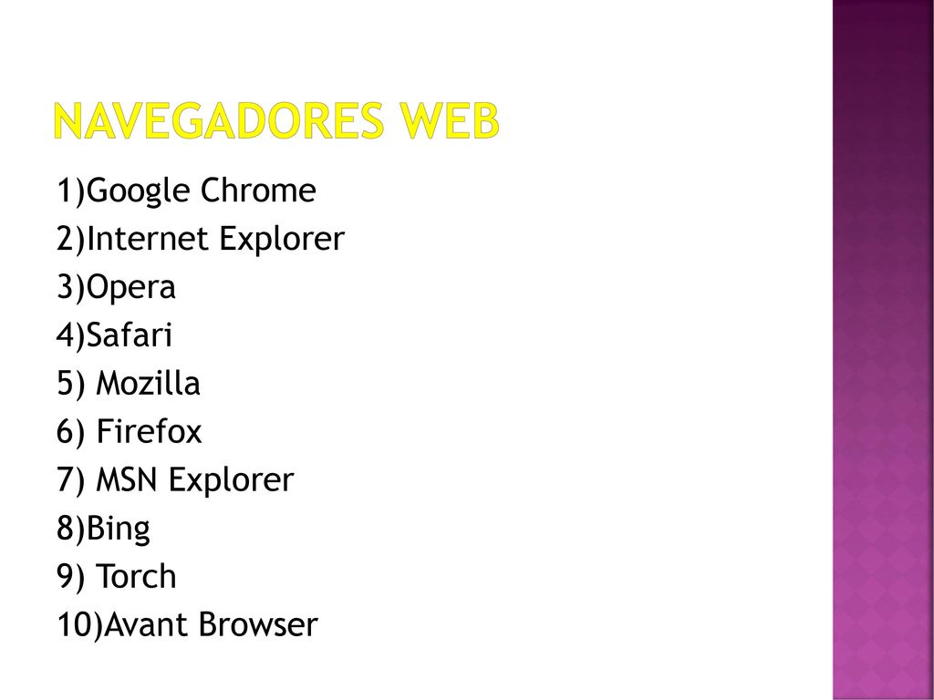 Navegadores web 1)Google Chrome 2)Internet Explorer 3)Opera 4)Safari
