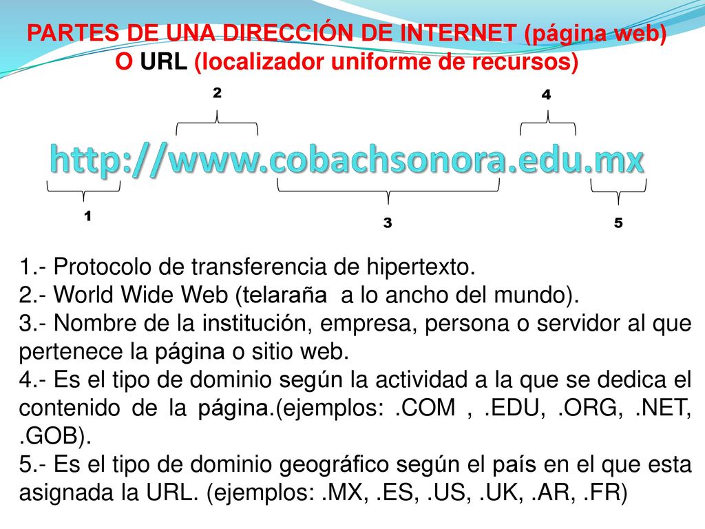 PARTES DE UNA DIRECCIÓN DE INTERNET (página web) O URL (localizador uniforme de recursos)