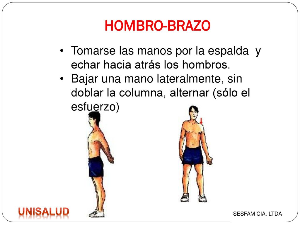 HOMBRO-BRAZO Tomarse las manos por la espalda y echar hacia atrás los hombros.