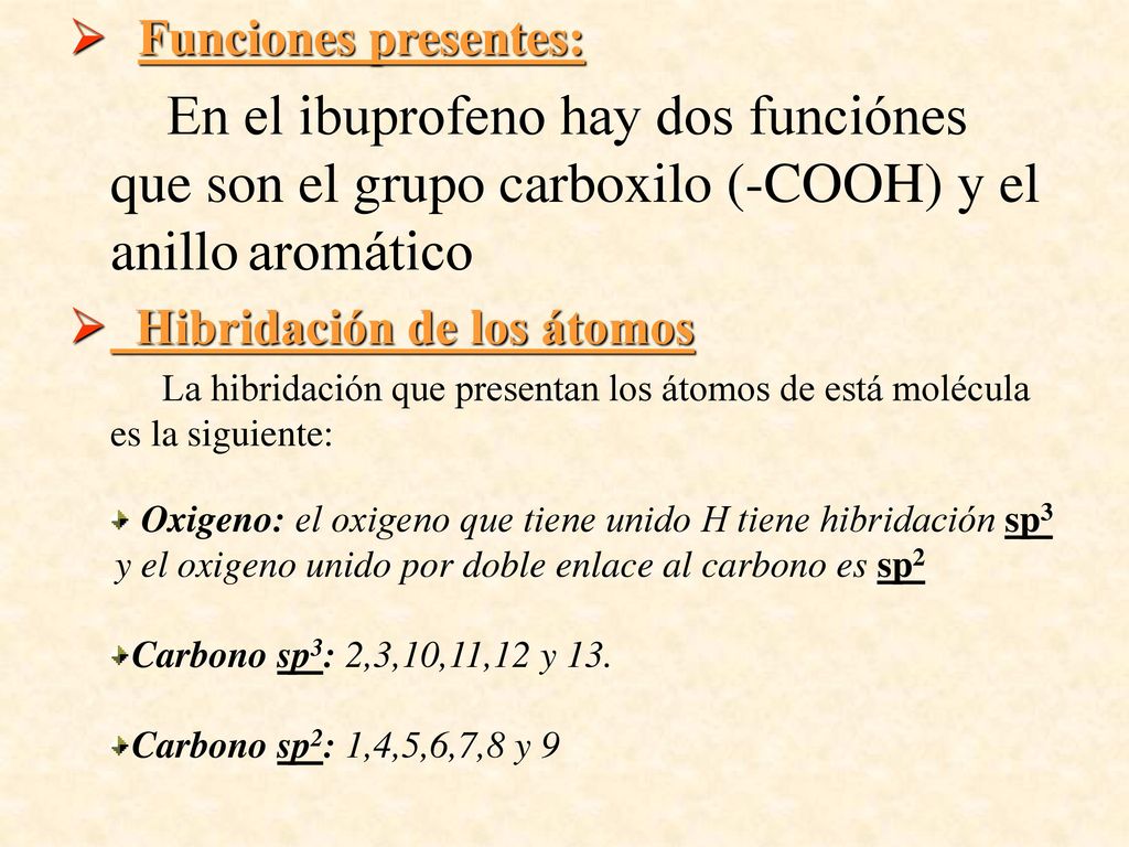 Funciones presentes: En el ibuprofeno hay dos funciónes que son el grupo carboxilo (-COOH) y el anillo aromático.