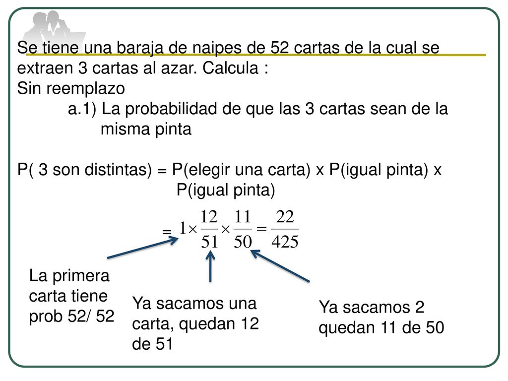 Se tiene una baraja de naipes de 52 cartas de la cual se extraen 3 cartas al azar. Calcula :