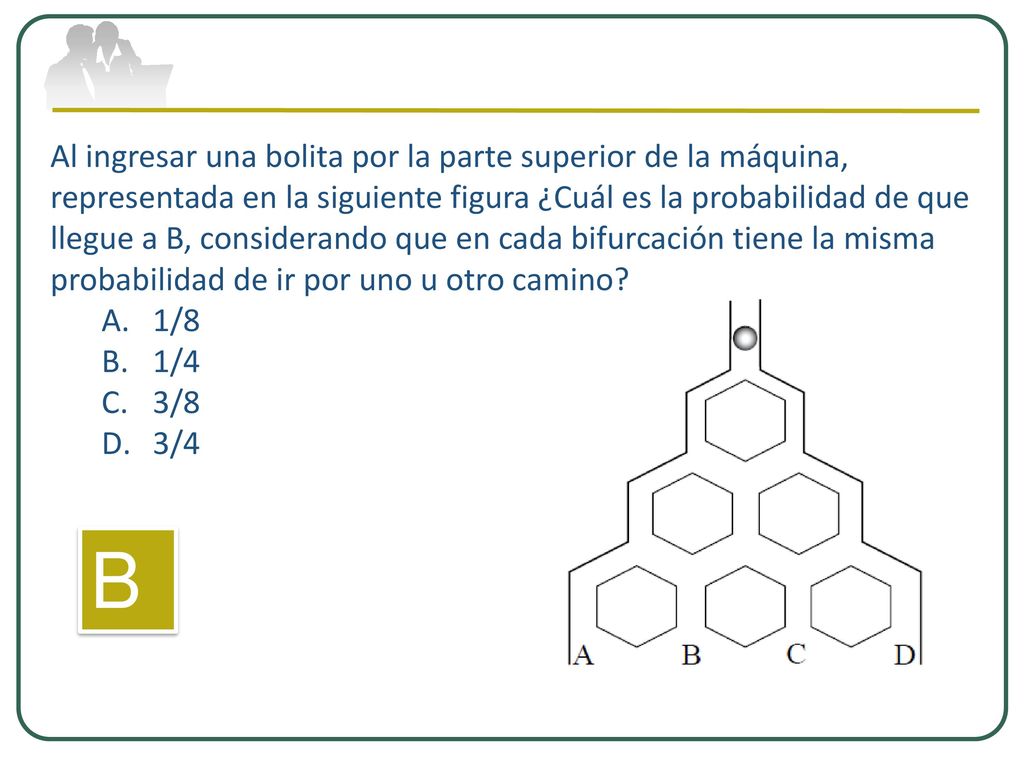 Al ingresar una bolita por la parte superior de la máquina, representada en la siguiente figura ¿Cuál es la probabilidad de que llegue a B, considerando que en cada bifurcación tiene la misma probabilidad de ir por uno u otro camino
