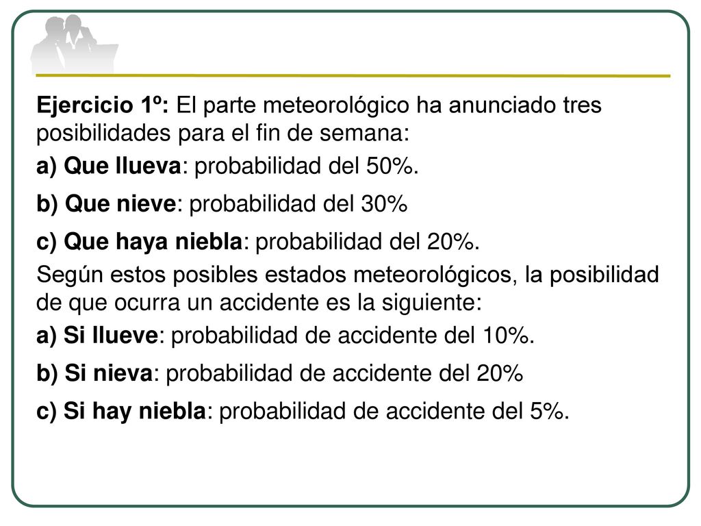 Ejercicio 1º: El parte meteorológico ha anunciado tres posibilidades para el fin de semana: