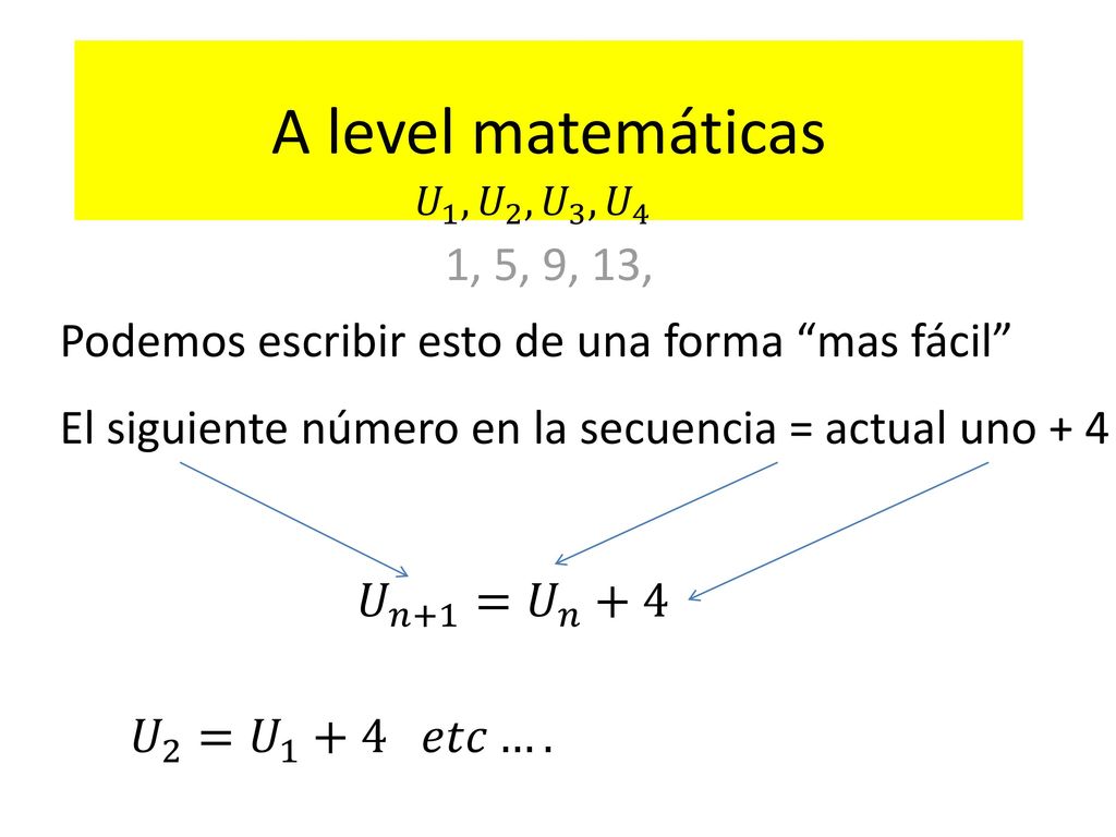 A level matemáticas 𝑈 1 , 𝑈 2 , 𝑈 3 , 𝑈 4. 1, 5, 9, 13, Podemos escribir esto de una forma mas fácil