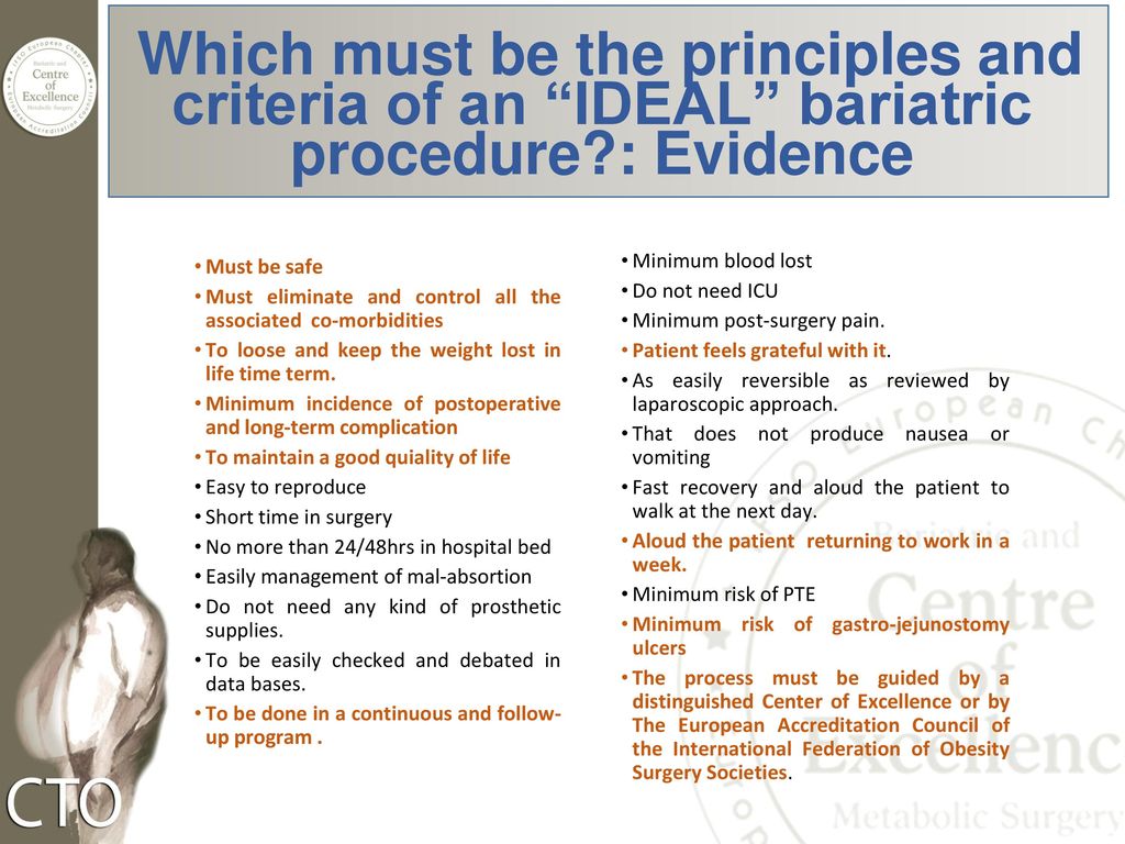Which must be the principles and criteria of an IDEAL bariatric procedure : Evidence