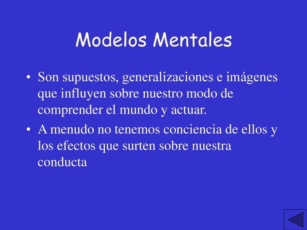 Modelos Mentales Son supuestos, generalizaciones e imágenes que influyen sobre nuestro modo de comprender el mundo y actuar.