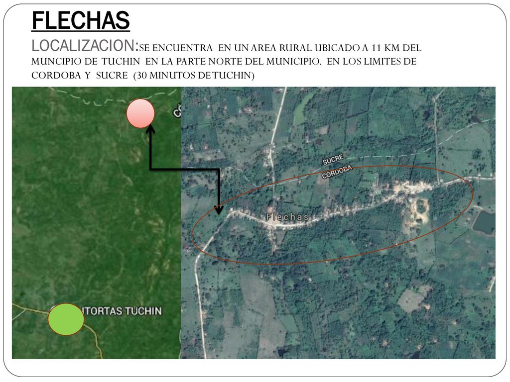 FLECHAS LOCALIZACION:SE ENCUENTRA EN UN AREA RURAL UBICADO A 11 KM DEL MUNCIPIO DE TUCHIN EN LA PARTE NORTE DEL MUNICIPIO.