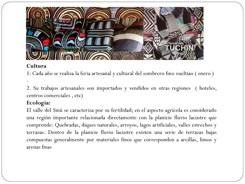 Cultura 1: Cada año se realiza la feria artesanal y cultural del sombrero fino vueltiao ( enero ) -