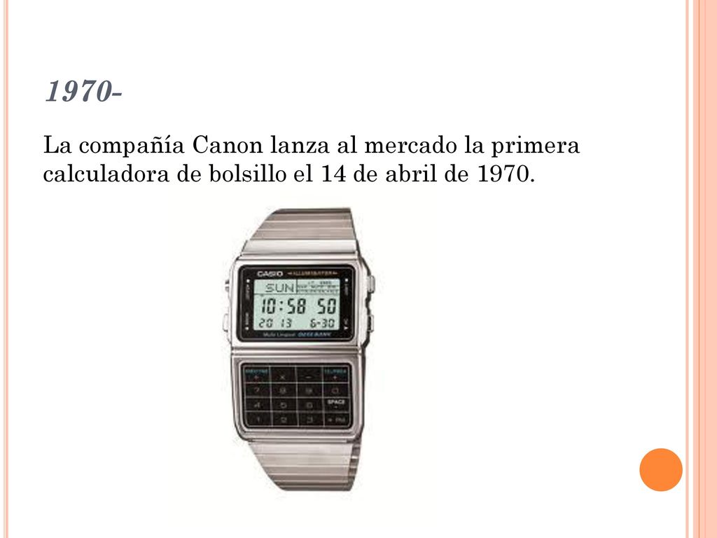 1970- La compañía Canon lanza al mercado la primera calculadora de bolsillo el 14 de abril de