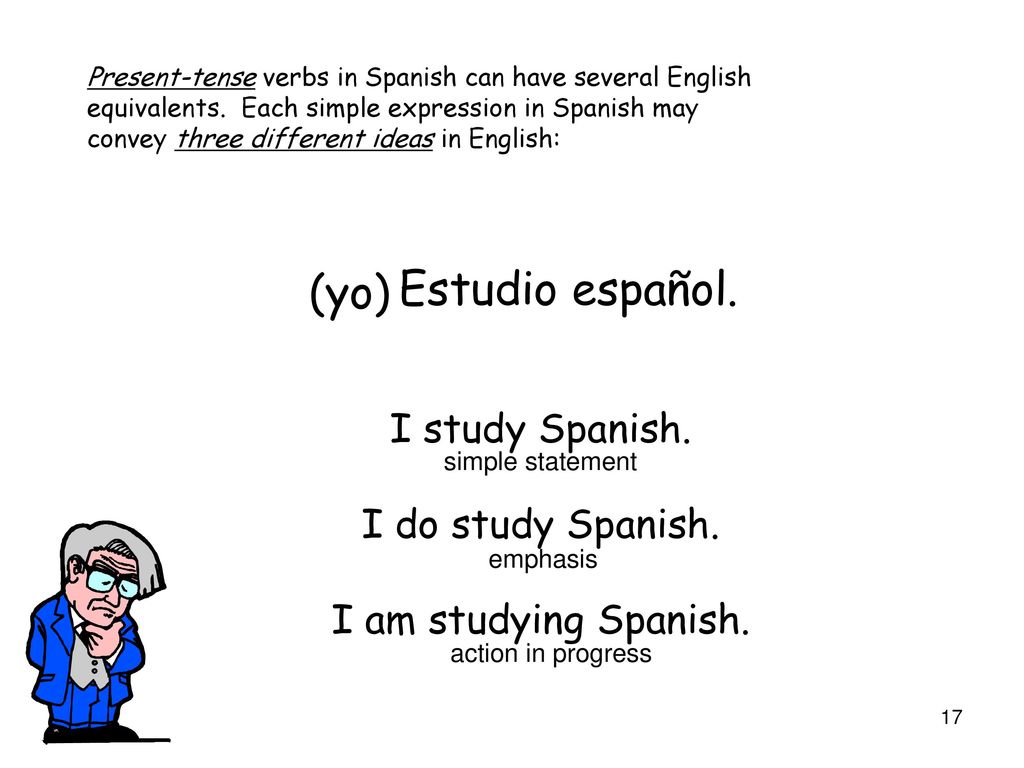 (yo) Estudio español. I study Spanish. I do study Spanish.