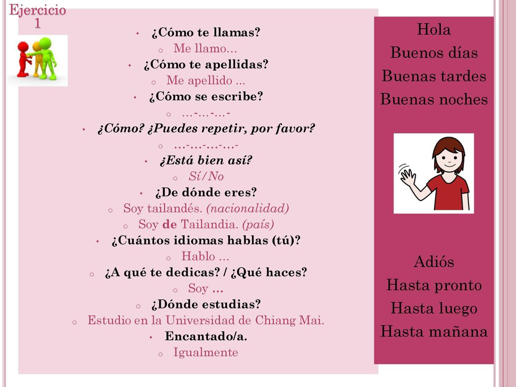 Hola Buenos días Buenas tardes Buenas noches Adiós Hasta pronto