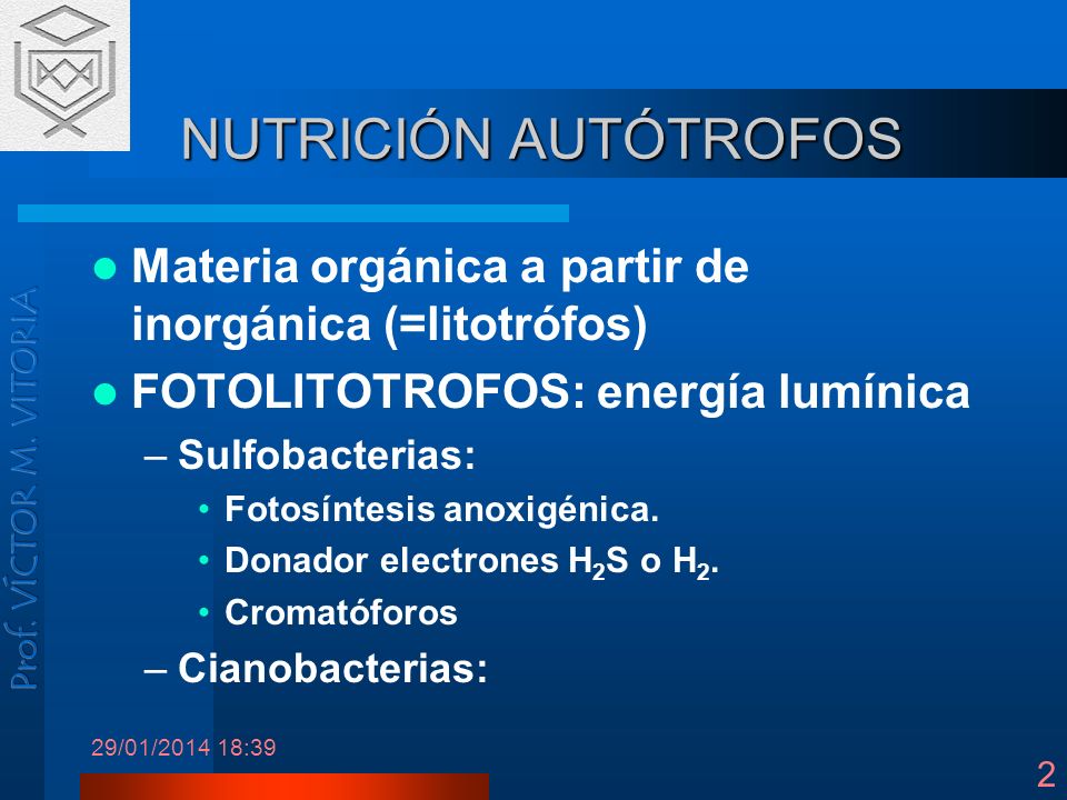 NUTRICIÓN AUTÓTROFOS Materia orgánica a partir de inorgánica (=litotrófos) FOTOLITOTROFOS: energía lumínica.