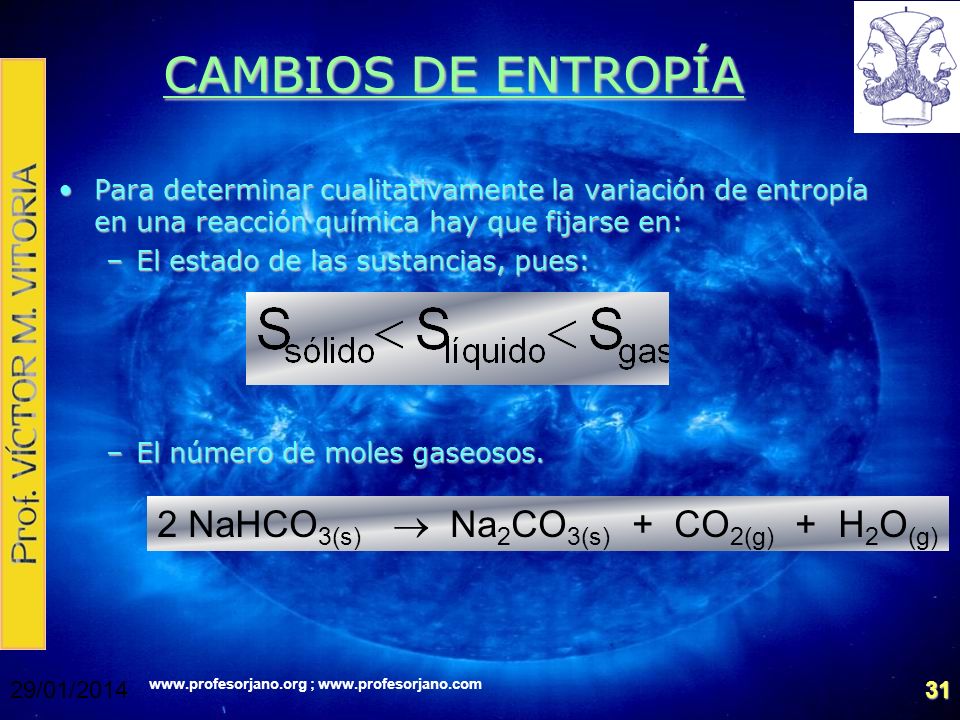 CAMBIOS DE ENTROPÍA 2 NaHCO3(s)  Na2CO3(s) + CO2(g) + H2O(g)