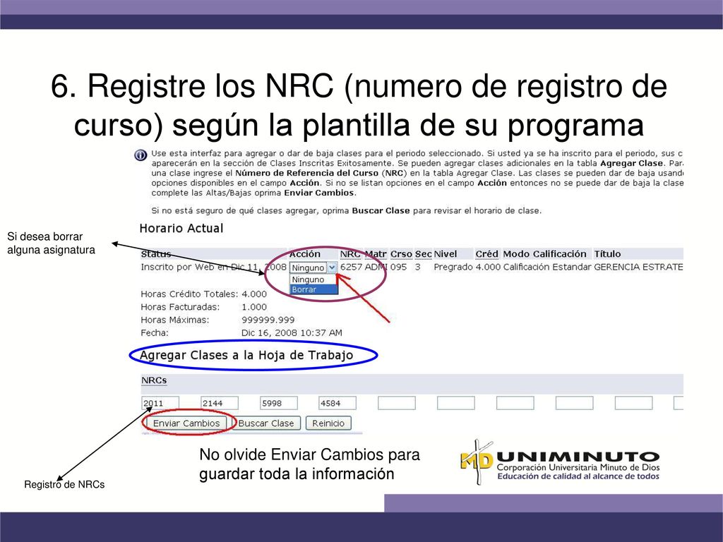 6. Registre los NRC (numero de registro de curso) según la plantilla de su programa