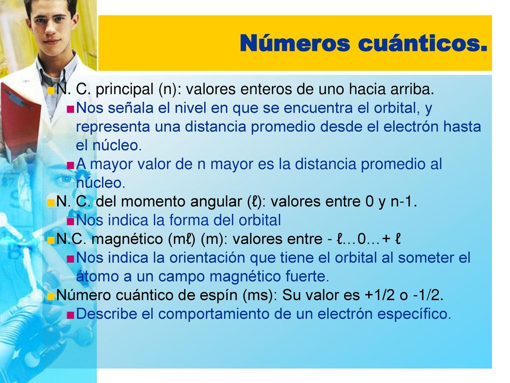Números cuánticos. N. C. principal (n): valores enteros de uno hacia arriba.