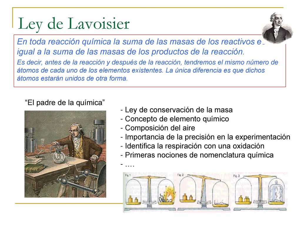 Ley de Lavoisier En toda reacción química la suma de las masas de los reactivos es igual a la suma de las masas de los productos de la reacción.