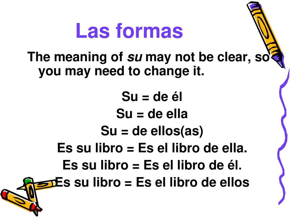 Las formas The meaning of su may not be clear, so you may need to change it. Su = de él. Su = de ella.