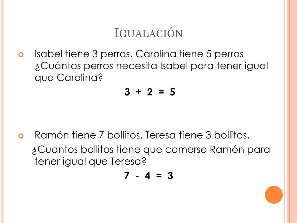Igualación Isabel tiene 3 perros. Carolina tiene 5 perros ¿Cuántos perros necesita Isabel para tener igual que Carolina