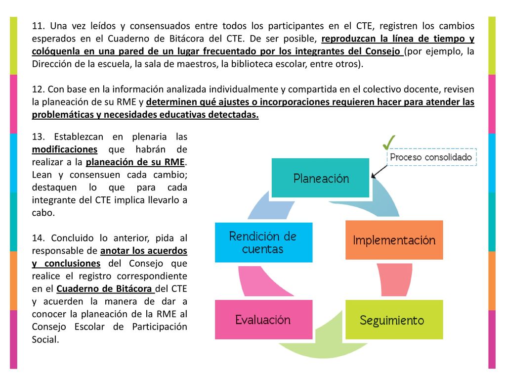 11. Una vez leídos y consensuados entre todos los participantes en el CTE, registren los cambios esperados en el Cuaderno de Bitácora del CTE. De ser posible, reproduzcan la línea de tiempo y colóquenla en una pared de un lugar frecuentado por los integrantes del Consejo (por ejemplo, la Dirección de la escuela, la sala de maestros, la biblioteca escolar, entre otros).