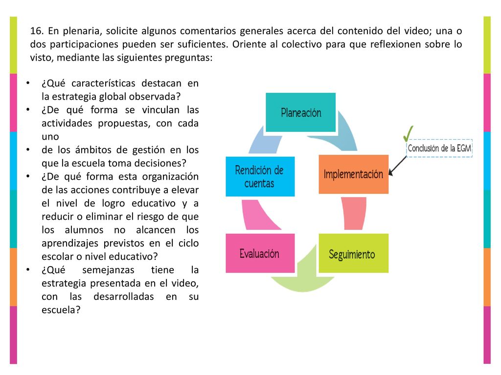 16. En plenaria, solicite algunos comentarios generales acerca del contenido del video; una o dos participaciones pueden ser suficientes. Oriente al colectivo para que reflexionen sobre lo visto, mediante las siguientes preguntas: