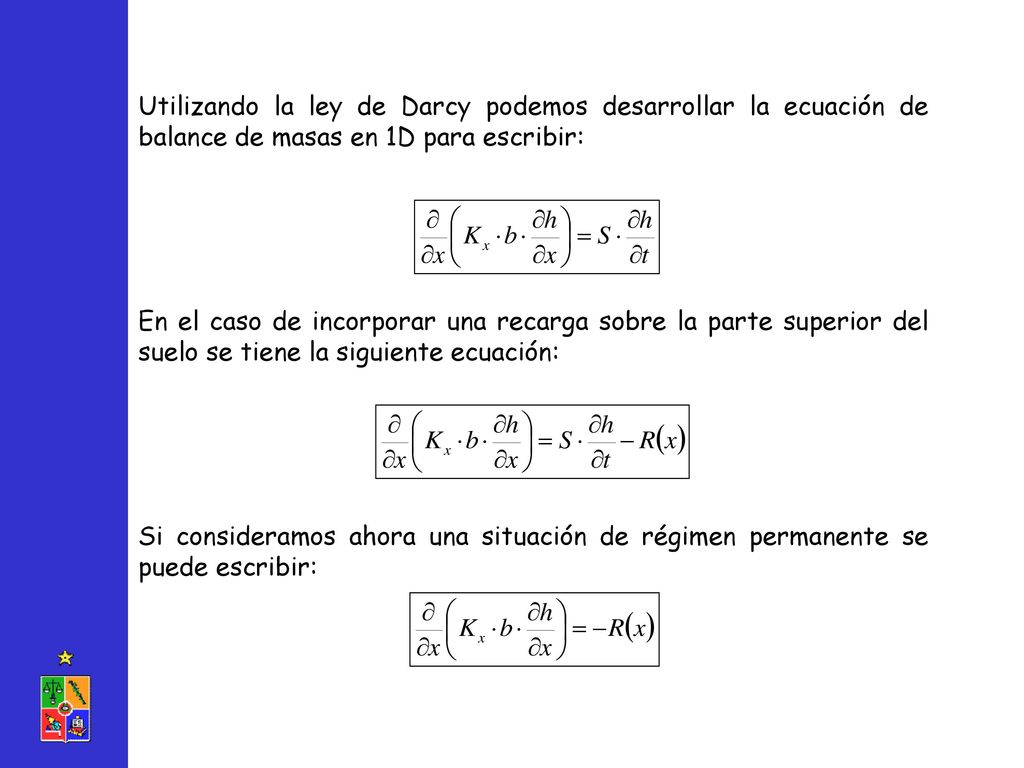 02/07/2018 Utilizando la ley de Darcy podemos desarrollar la ecuación de balance de masas en 1D para escribir:
