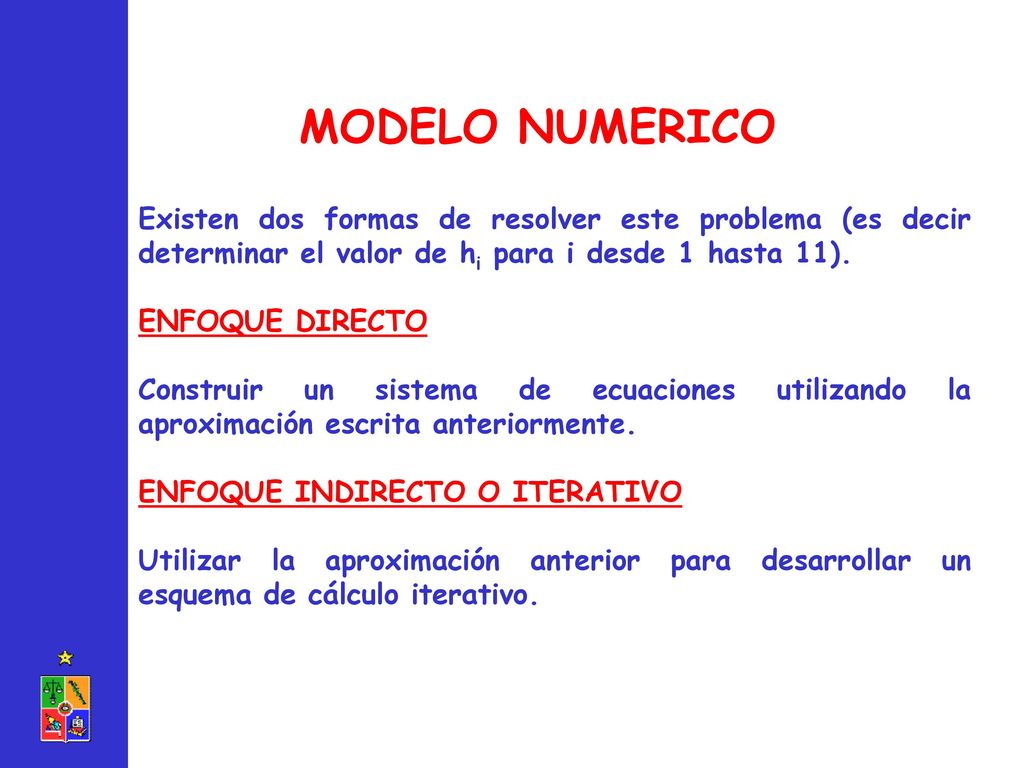 MODELO NUMERICO Existen dos formas de resolver este problema (es decir determinar el valor de hi para i desde 1 hasta 11).