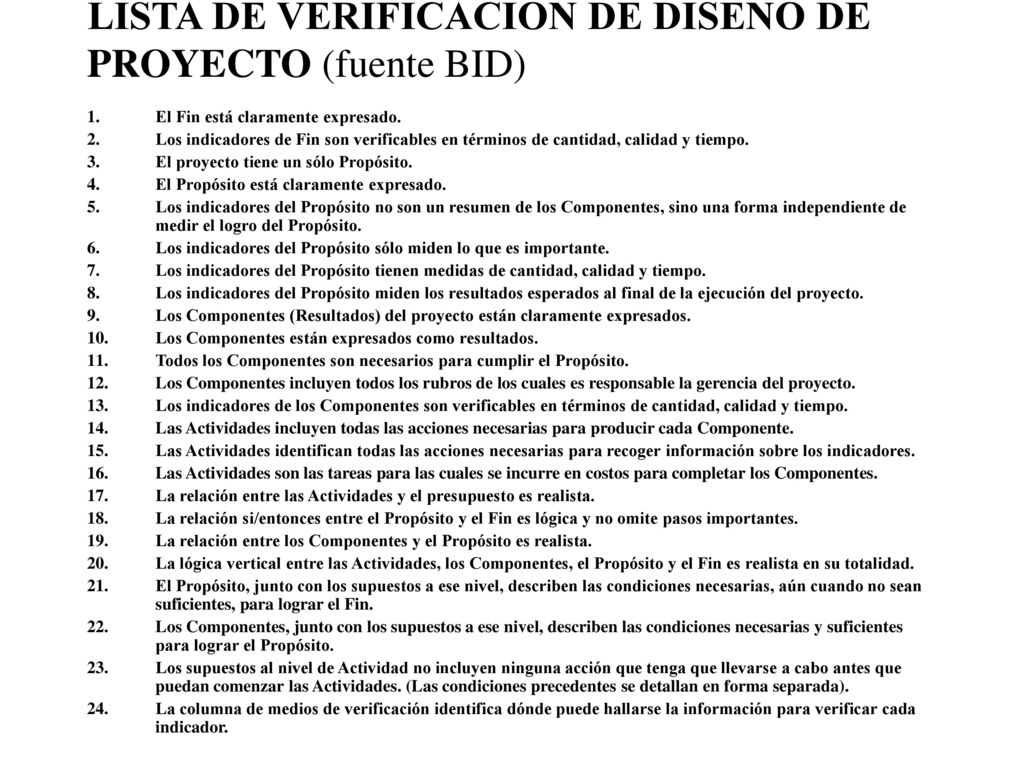 LISTA DE VERIFICACION DE DISEÑO DE PROYECTO (fuente BID)