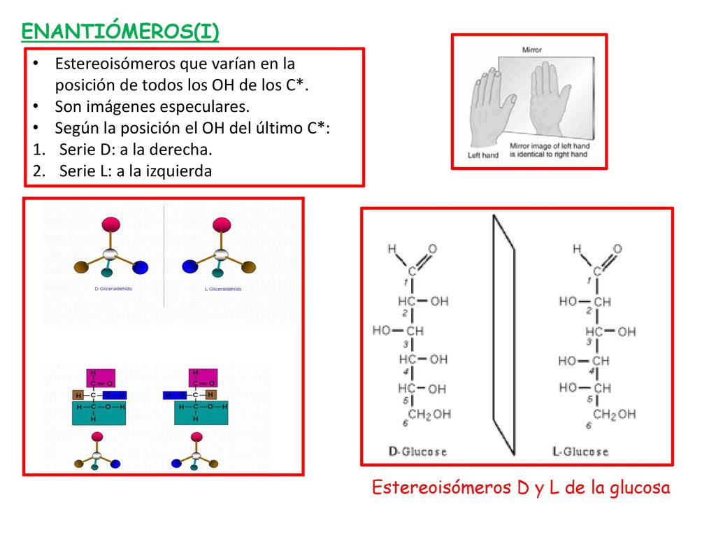 ENANTIÓMEROS(I) Estereoisómeros que varían en la posición de todos los OH de los C*. Son imágenes especulares.