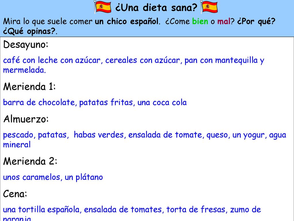 ¿Una dieta sana Desayuno: Merienda 1: Almuerzo: Merienda 2: Cena: