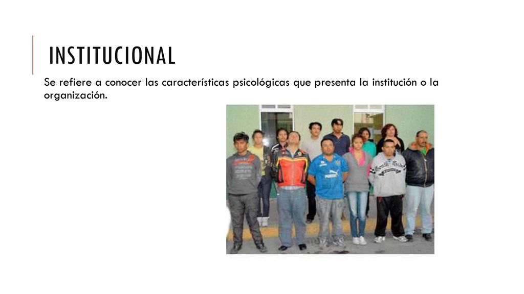 Institucional Se refiere a conocer las características psicológicas que presenta la institución o la organización.