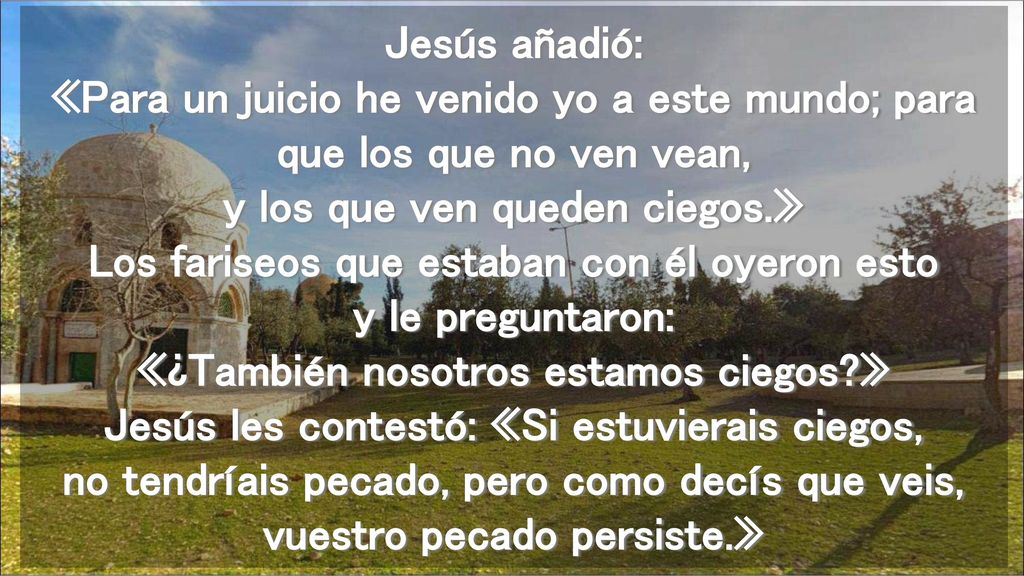 Jesús añadió: «Para un juicio he venido yo a este mundo; para que los que no ven vean, y los que ven queden ciegos.» Los fariseos que estaban con él oyeron esto y le preguntaron: «¿También nosotros estamos ciegos » Jesús les contestó: «Si estuvierais ciegos, no tendríais pecado, pero como decís que veis, vuestro pecado persiste.»