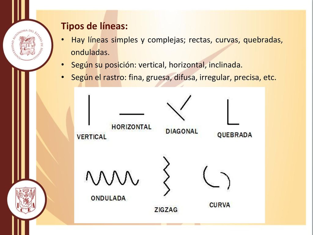 Tipos de líneas: Hay líneas simples y complejas; rectas, curvas, quebradas, onduladas. Según su posición: vertical, horizontal, inclinada.
