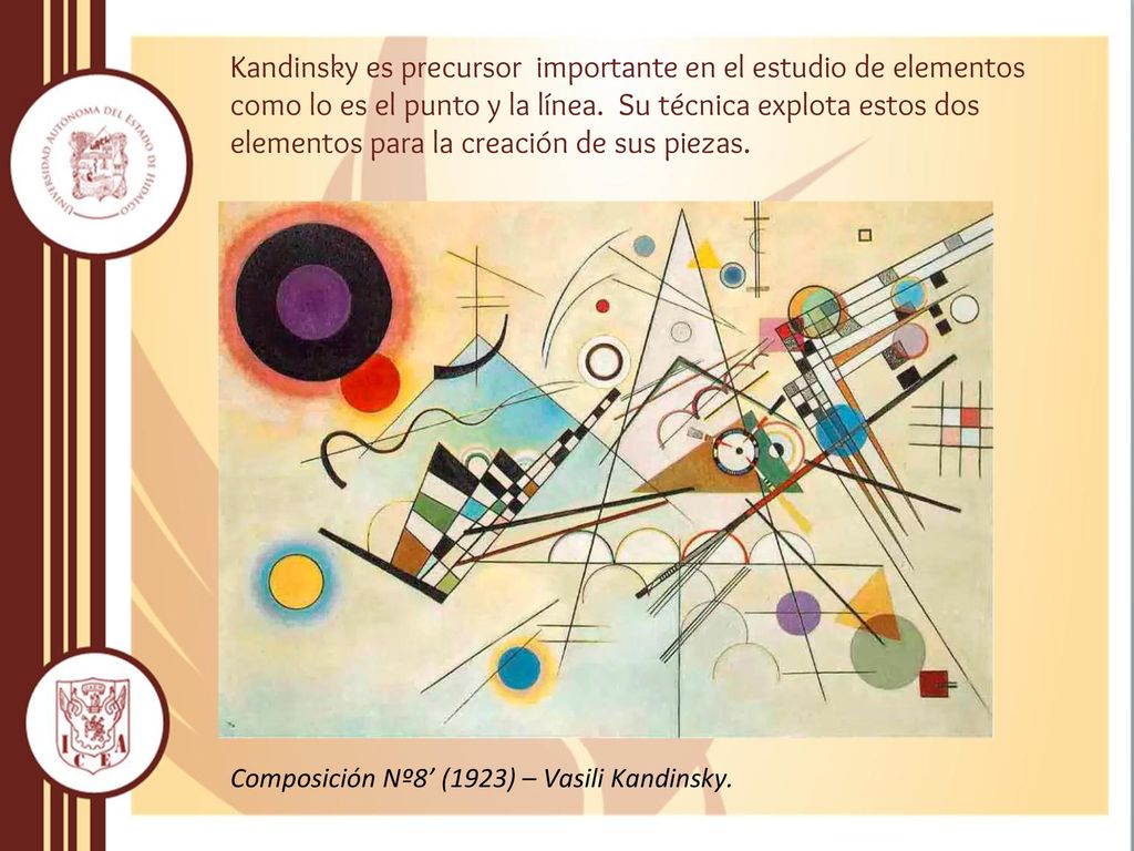 Kandinsky es precursor importante en el estudio de elementos como lo es el punto y la línea. Su técnica explota estos dos elementos para la creación de sus piezas.