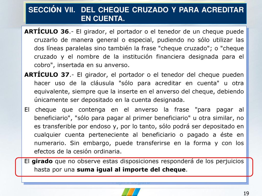 SECCIÓN VII. DEL CHEQUE CRUZADO Y PARA ACREDITAR EN CUENTA.