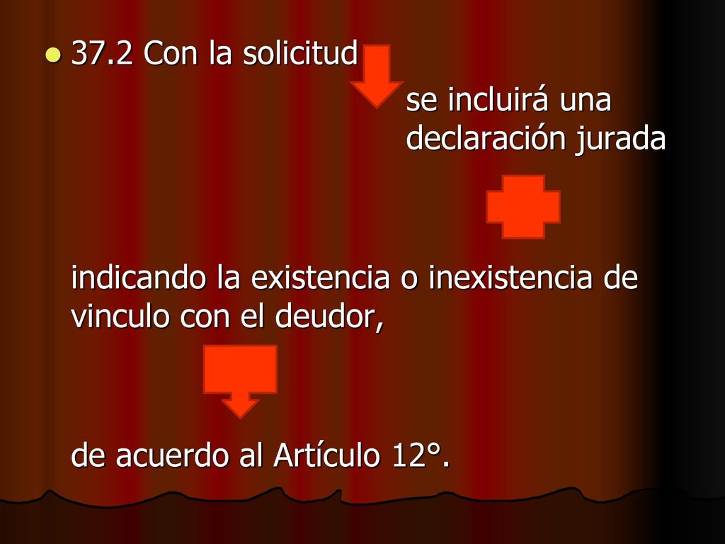 37.2 Con la solicitud se incluirá una declaración jurada. indicando la existencia o inexistencia de vinculo con el deudor,