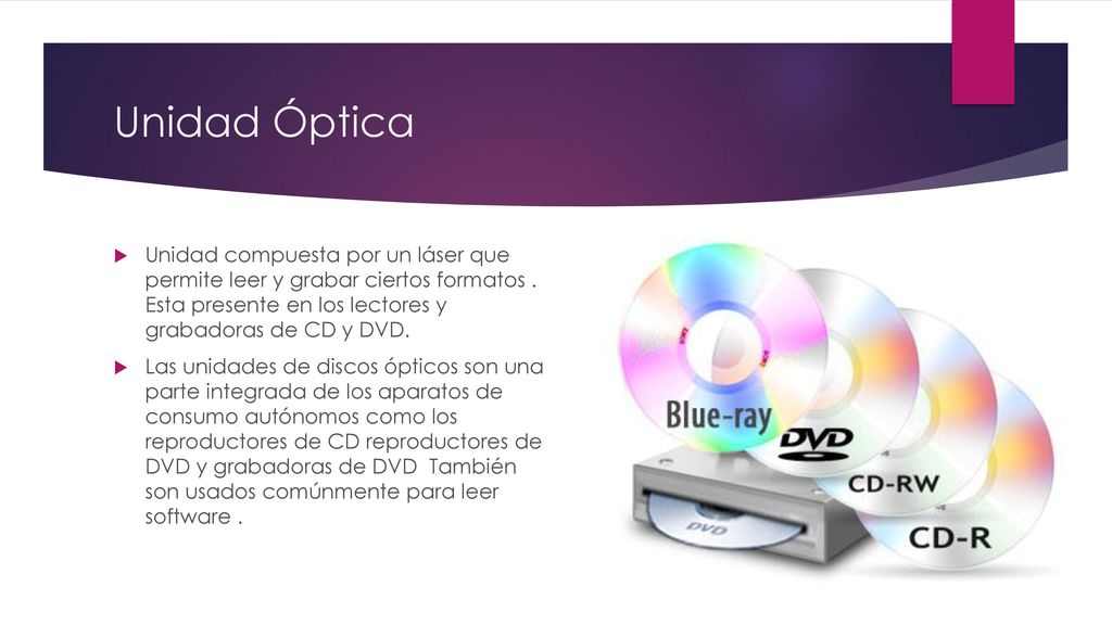 Unidad Óptica Unidad compuesta por un láser que permite leer y grabar ciertos formatos . Esta presente en los lectores y grabadoras de CD y DVD.