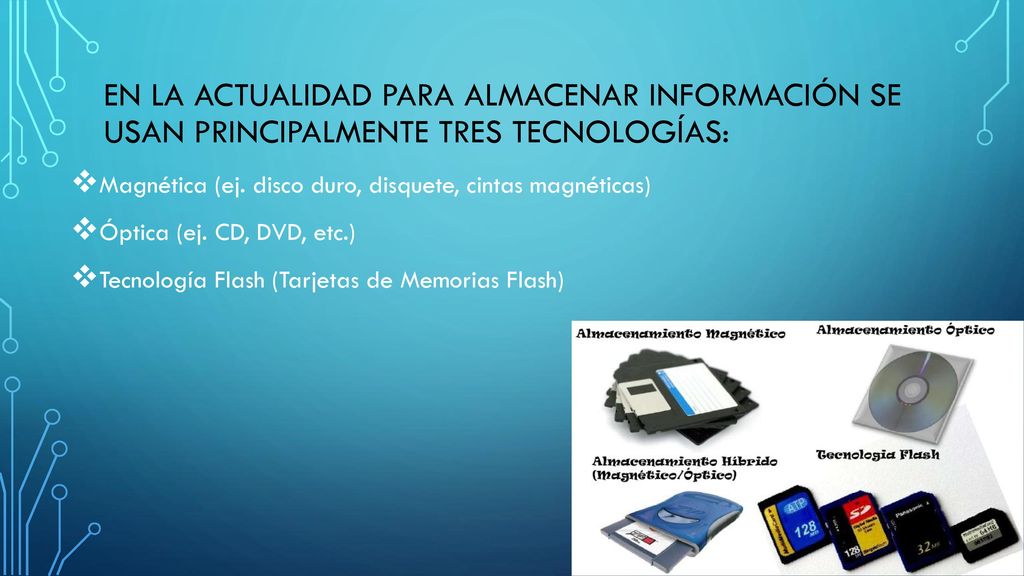 En la actualidad para almacenar información se usan principalmente tres tecnologías: