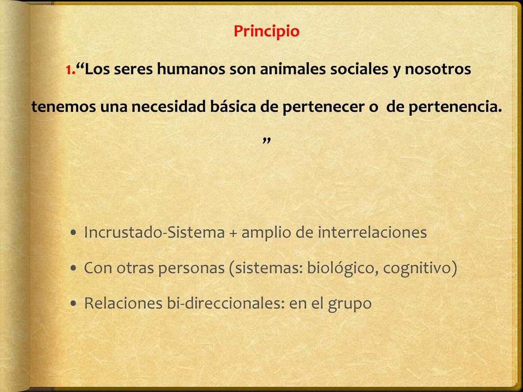 Principio 1. Los seres humanos son animales sociales y nosotros tenemos una necesidad básica de pertenecer o de pertenencia.