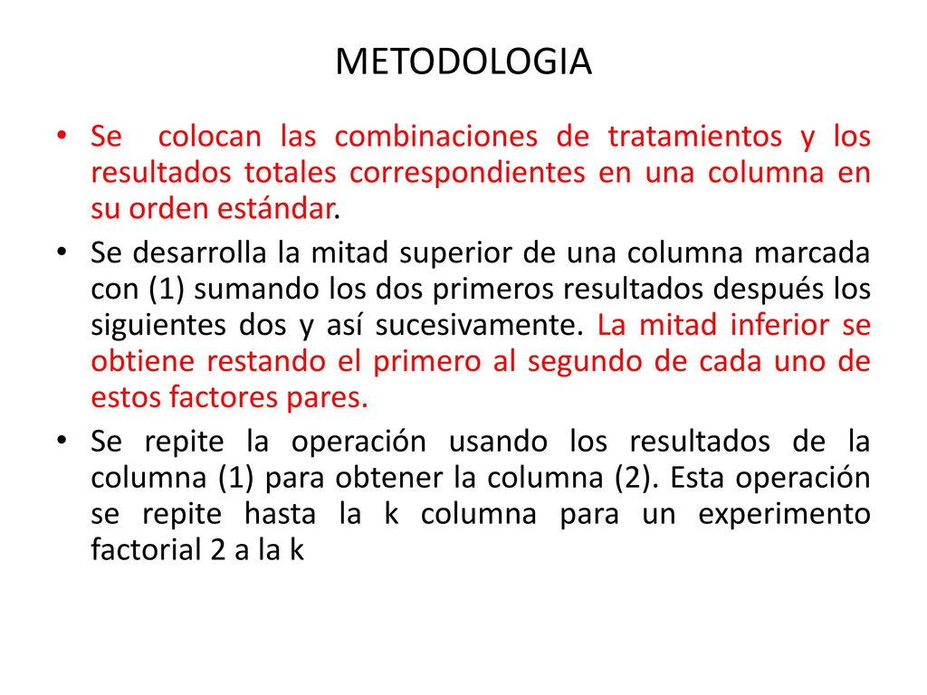 METODOLOGIA Se colocan las combinaciones de tratamientos y los resultados totales correspondientes en una columna en su orden estándar.