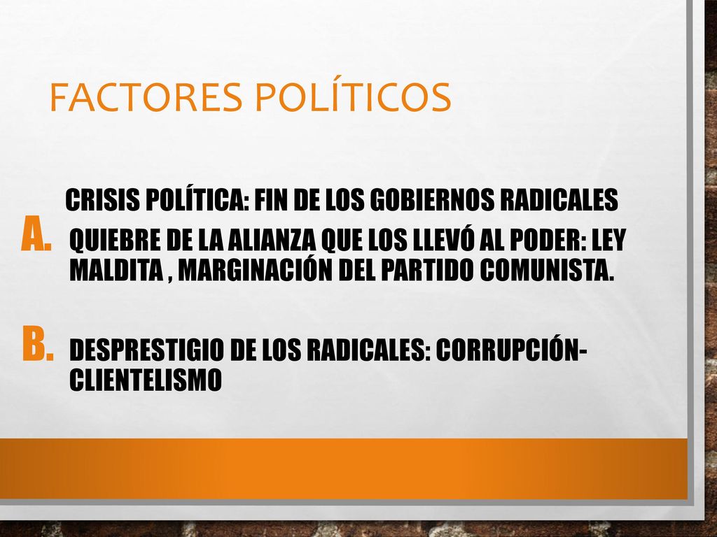 Factores políticos Crisis Política: Fin de los Gobiernos Radicales